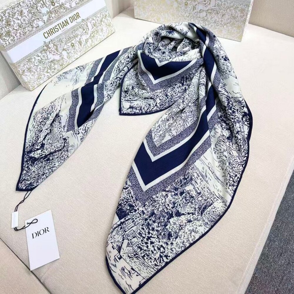 Dior Toile de Jouy 100% Silk Square Scarf Navy Blue Cream NWT With Box - Picture 6 of 9